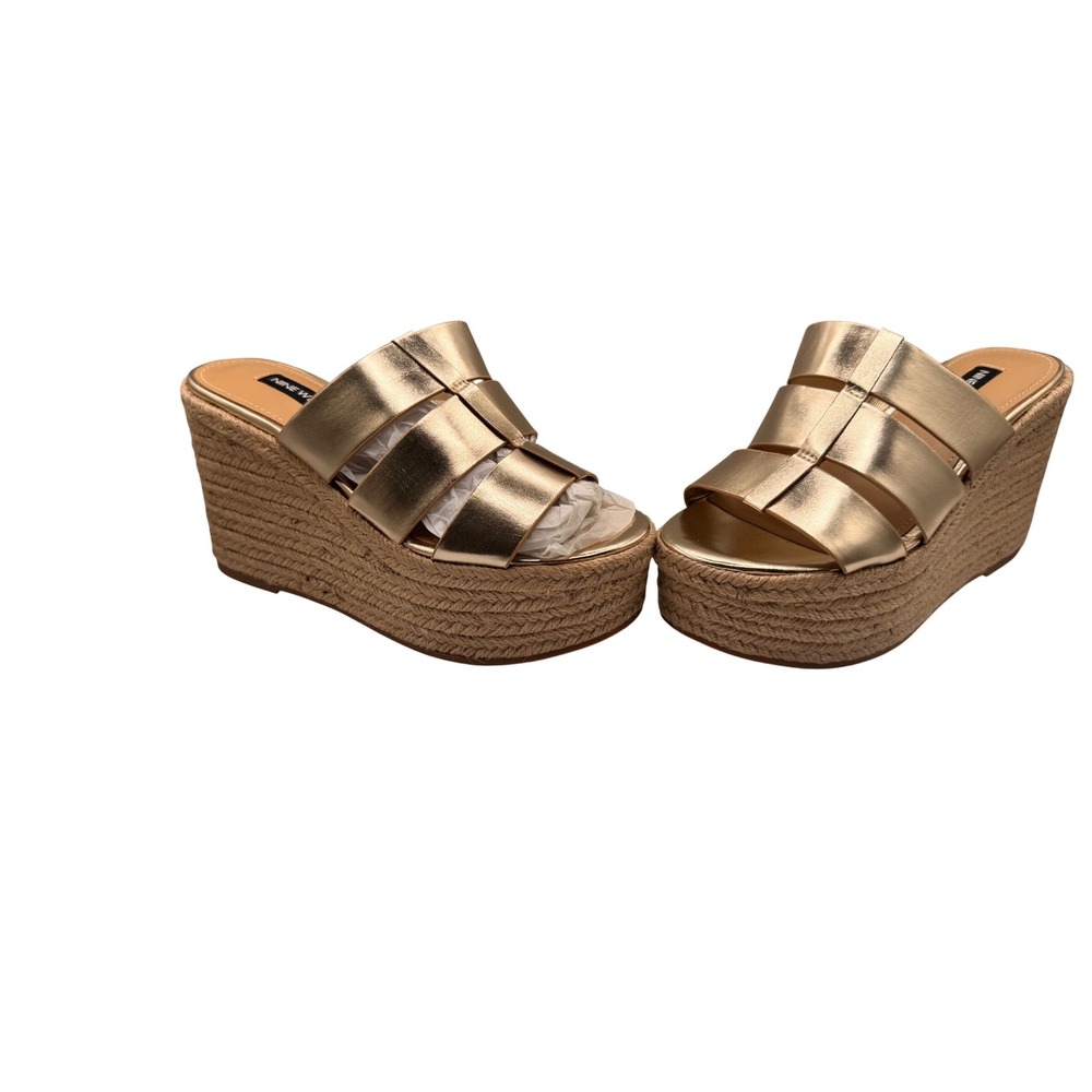 Nine West Womens Gold Metallic Platform Wedge Espadrille Sandals Size 6M‎